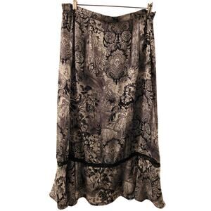 Vtg Silver Black Floral Print Midi Skirt Ruffle Hem Whimsy Goth Fairy Cottage 16